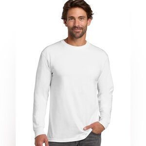 NWOT Hanes Beefy Men's White Long Sleeve 100% cotton crewneck casual Tee size XL